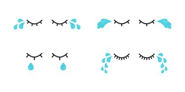 Water tears icon, cry eyes, cute character expression, woman emoji sad, blue tear drop set isolated on white background. Vector emotion illustration