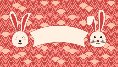 Chinese New Year rabbit symbol 2023 on asian banner, holiday vector background, traditional hare lunar zodiac, happy cute bunny on oriental pattern. Animal celebration illustration
