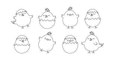 Chick egg, Easter chicken vector icon, cute line bird with shell, outline character set coloring page. Black animal illustration isolated on white background