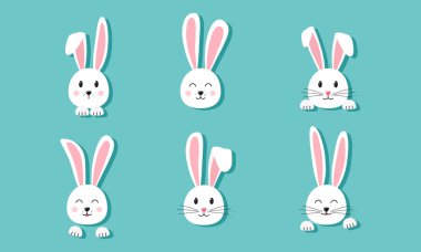 Paskalya tavşanı ikonu, kağıt tavşan seti, sevimli hayvan kafası, mavi arka planda çizgi film karakteri. Komik illüstrasyon