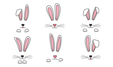 Paskalya tavşanı suratlı, pençeli tavşan kulaklı, bıyıklı. Doodle Hare, beyaz arkaplanda izole edilmiş sevimli karakter vektör simgesi. Hayvan eli çizimi çizimi