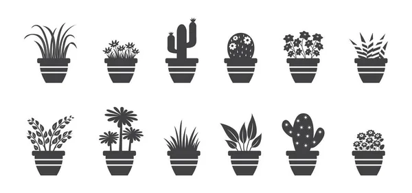 Icône Plante Intérieur Plante Fleur Pot Silhouette Noire Pot Fleurs — Image vectorielle