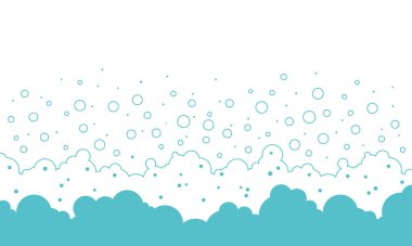 Sabun arkaplanı, çizgi film köpüğü, banyo çizgisi deseni. Duş sınırı. Soda, şampuan, çamaşır köpüğü, çamaşır çerçevesi. Su altında, köpüklü içecek, karbonatlı su, mavi yumuşak bulut. Vektör illüstrasyonu