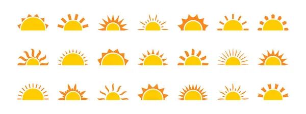 stock vector Sun half vector icon, sunrise sign, morning light, yellow burst, summer symbol isolated on white background. Cartoon solar ray illustration