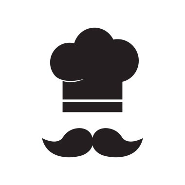 Aşçı şapkası, yemek ikonu, mutfak ve restoran sembolü, şapka ve bıyık, aşçılık aşçılığı, beyaz arka planda izole edilmiş siyah siluet. Yemek illüstrasyonu