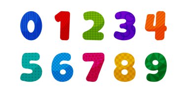 Çizgi film numarası, renkli yazı tipi, şirin alfabe, okul çocukları matematik harfi vektör ikonu, oyun işareti seti, eğitim tipografisi, bebek sembolü, renk karakteri. Resim öğrenme