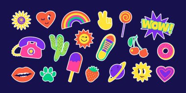 Y2K retro vektör tasarımı, klasik moda, esmer kız 90 'lı yaşlarda koyu mor arka planda. Çizgi film hipster kolajı. Modern resimleme