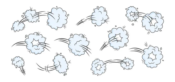 stock vector Comic speed effect, cartoon jump cloud, doodle smoke or dust, whoosh wind and trail, poof and puff, blue air ring, power gas balloon set isolated on white background. Explosion illustration