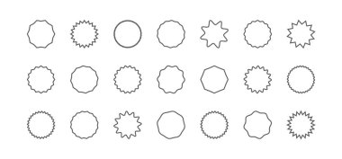Yıldız patlaması çizgisi etiketi ikonu, sınır çizgisi yıldız çizgisi, daire satış rozeti seti, fiyat etiketi değiştirilebilir inme. Basit illüstrasyon beyaz arkaplanda izole edildi