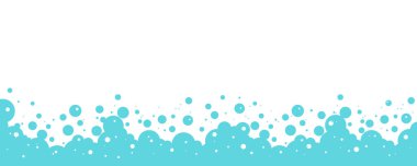 Kabarcık sabunu arka planı, çizgi film mavi su köpüğü, banyo deseni. Duş sınırı. Çamaşır köpükleri, soda, şampuan çerçevesi. Suyun altında, köpüklü içecek, karbonatlı su, yumuşak bulut. Temiz vektör illüstrasyonu