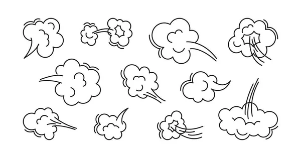 放屁云雾矢量线图标 烟雾涂鸦 滑稽呼吸 蒸汽吐 灰尘或平坦 卡通气味弹 可爱的气体集轮廓设计 在白色背景上孤立的芳香图解 — 图库矢量图片