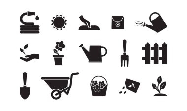 Bahçe vektör ikonu, toprakta tohum, saksı, büyüme seti, beyaz arka planda siyah siluet. Tarım illüstrasyonu