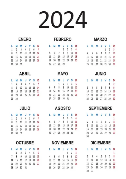 スペイン暦2024年 週は月曜日から始まります ベクトルイラスト — ストックベクタ