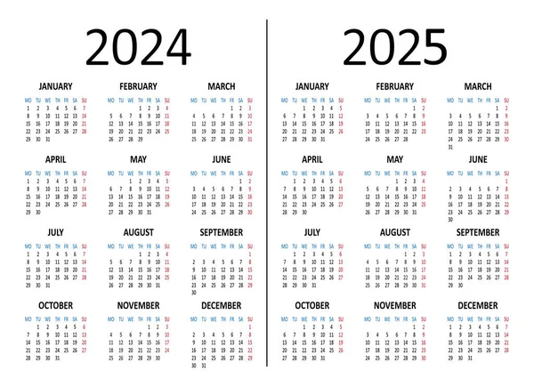 Calendario Anual 2024 2025 Semana Comienza Lunes Ilustración Vectorial — Vector de stock