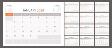 Takvim planlayıcısı 2024 vektör takvimi ay çizelgesi, düzenleyici şablon. Hafta pazar günü başlıyor. Kişisel iş sayfası. Modern basit resimleme