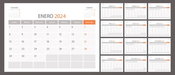 İspanyol takvim planlayıcısı 2024 vektör, takvim ay çizelgesi, düzenleyici şablon. Hafta pazartesi başlıyor. Kişisel iş sayfası. Modern basit resimleme