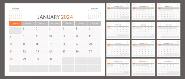 Takvim planlayıcısı 2024 vektör takvimi ay çizelgesi, düzenleyici şablon. Hafta pazar günü başlıyor. Kişisel iş sayfası. Modern basit resimleme
