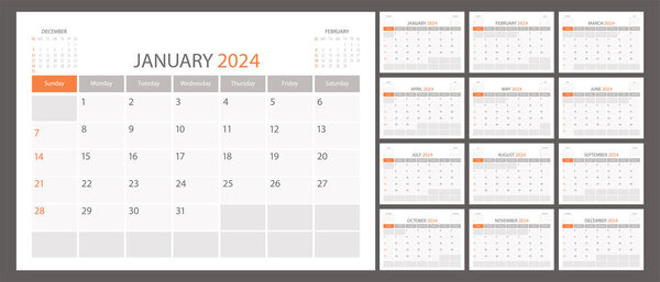 Planificador Calendario 2024 Calendario Vectorial Calendario Calendario Mensual Plantilla Organizador — Vector de stock