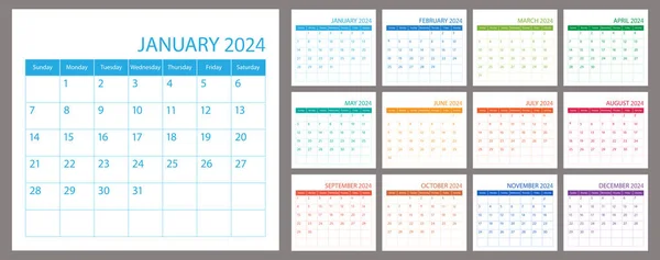 Calendario 2024 Calendario Vettoriale Calendario Mese Calendario Modello Organizzatore Settimana — Vettoriale Stock