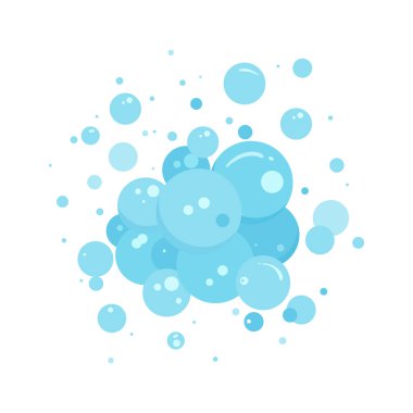 Sabun köpüğü vektör su ikonu, mavi köpük, banyo şampuanı köpüğü. Yıka, yıka, su altında temizlen. Soda, karbonatlı eğlence çizimi beyaz arkaplanda izole edilmiş