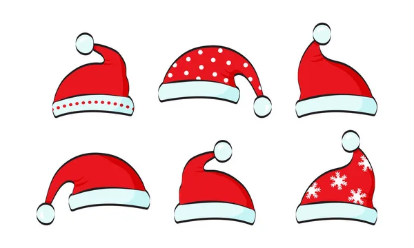 Nikolausmütze Cartoon Weihnachtsmütze Rotes Icon Set Für Neujahr Weihnachtskostüm Winterparty — Stockvektor