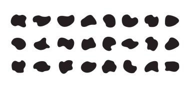 Organik damlacık düzensiz şekil, soyut rastgele sıvı, sıvı vektör noktası, çakıl ve leke, beyaz arkaplanda izole siyah siluetler. Geometrik çizim