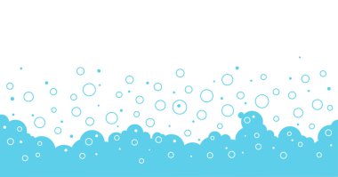 Sabun köpükleri mavi arka plan, çizgi film köpüğü dış hat ve düz çerçeve, su deseni, şeffaf köpükler. Soyut vektör illüstrasyonu