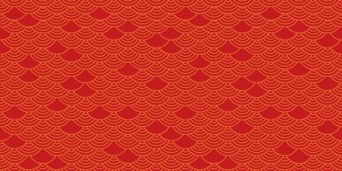 Kusursuz Çin desenli, Japon kökenli, doğulu kırmızı desenli. Asya Yeni Yıl vektör süsü. Geleneksel motif, altın el salla. Dekorasyon illüstrasyonu