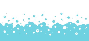 Çizgi film sabun köpüğü mavi arka plan, banyo köpüğü çerçeve, duş suyu kalıbı, şeffaf köpük. Soyut yıkama vektörü çizimi