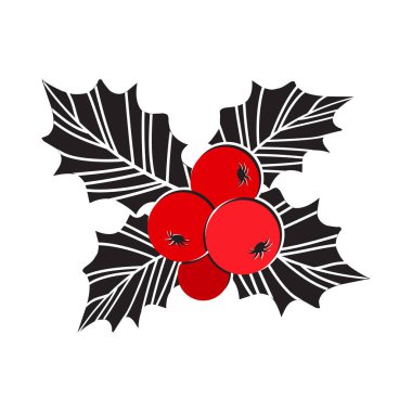 Noel kutsallığı ikonu, ökseotu ve yaprak, kırmızı ve siyah ilex dalı, beyaz arka planda izole edilmiş xmas bitkisi. Çizgi film tatil illüstrasyonu