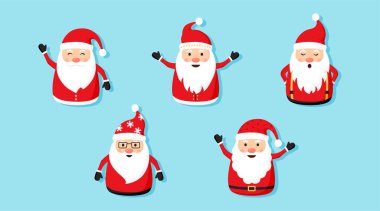 Noel Baba vektör ikonu, mavi arka planda Noel çizgi film karakterleri, kış tatili seti. Xmas şirin illüstrasyon