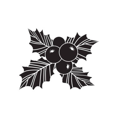 Noel kutsal meyve ikonu, ökseotu ve yaprak, siyah ve beyaz ilex dalı, xmas bitkisi. Çizgi film tatil illüstrasyonu