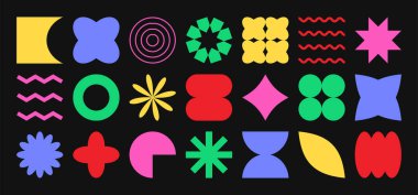 Şekil retro vektör simgesi, soyut y2k figürü, modern sticker, geometri basit formu, modaya uygun fütüristik element seti. Asgari gaddar illüstrasyon