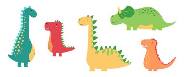 Çizgi film dinozoru, sevimli dino, hayvan karakter ikonu, bebek çıkartması seti, beyaz arka planda izole edilmiş komik çocuk koleksiyonu. Anaokulu çizimi
