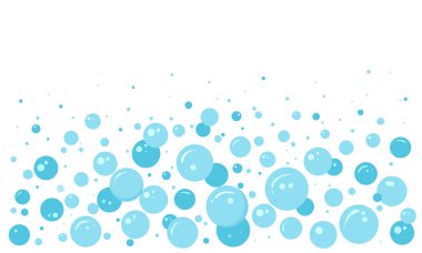 Mavi köpüklü su, sabun karikatürü arka plan, karbonatlı kenar, soyut köpük deseni. Havada uçuşan hava topu akışı. Gazoz, köpüklü içecekler, banyo şampuanı. Vektör illüstrasyonu