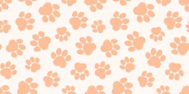 Pençe kedisi ya da köpek deseni, evcil ayak izi, hayvan arka planı. Ayı, panda, kaplan izi, grunge damga tekrar ayak izi duvar kağıdı. Çizgi film vektör illüstrasyonu