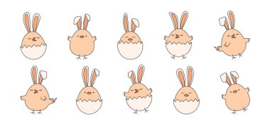 Kulaklı Paskalya tavşanı, tavuklu yumurta tatlı tavşan karalaması, çizgi film karakteri ikonu, Paskalya yumurtası avı çizimi. Tatil hayvanı çizimi şeftali rengi 2024