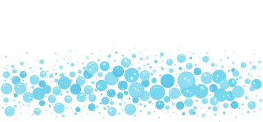 Çizgi film sabun köpüğü suyu, mavi köpük arka plan, karbonlu kenar, soyut köpük deseni. Havada uçuşan hava topu akışı. Gazoz, köpüklü içecekler, banyo şampuanı. Vektör illüstrasyonu