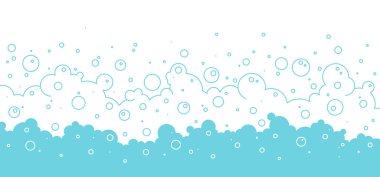 Köpüklü arka plan sanatı, banyo sabunu çerçeve, çizgi film duşu mavi desen, çamaşır köpüğü şeffaf köpük. Soyut yıkama vektörü çizimi