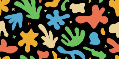 Soyut retro şekilsiz desen, organik karalama arkaplanı, grafik çiçek geometri baskısı, acayip rastgele karalama elemanı, matisse modern kolajı, yaz modası bulutu. Çizgi film vektör illüstrasyonu