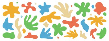 Soyut retro şekil, organik karalama çıkartması, grafik çiçek, geometrik vektör elementi, acayip rastgele karalama, modern kolaj, beyaz arkaplanda izole edilmiş yaz havası bulutu. Çizgi film illüstrasyonu