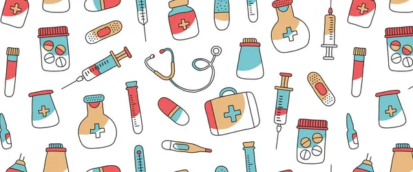 Медицинские Каракули Бесшовный Рисунок Отпечаток Лекарства Современный Набор Первой Помощи Лицензионные Стоковые Иллюстрации