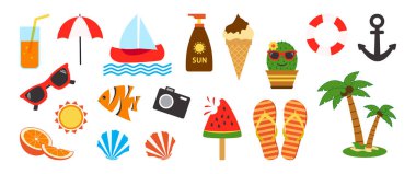 Yaz ikonu, karikatür tatil seti, şirin tropikal çıkartma seti. Komik bir yaz eşyası. Karpuz, tekne, dondurma, palmiye ağacı, meyve, beyaz arka planda izole edilmiş can simidi. Parlak vektör illüstrasyonu