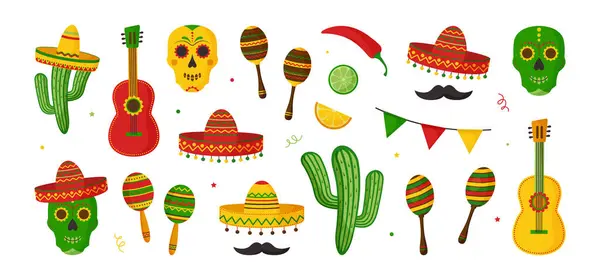 Cinco Mayo Feest Mexicaanse Fiesta Decoratie Icoon Gitaar Sombrero Cactus Stockvector