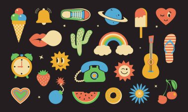 Y2K retro çıkartması, modaya uygun element, acayip vektör rozeti, modaya uygun renkli simge, siyah arkaplanda komik 90 'lar seti. Çizgi film hipster kolajı. Modern fütürist illüstrasyon