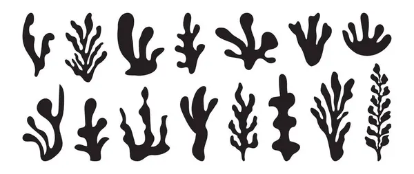 Силуэты Водорослей Коралловая Черная Икона Абстрактная Органическая Форма Подводное Растение Векторная Графика