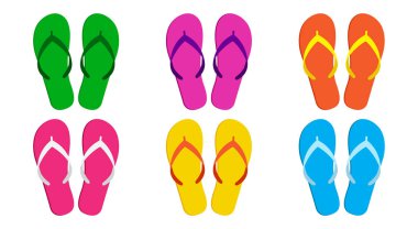 Yaz parmak arası terlik ikonu, plaj terliği, kumlu sandalet, renkli havuz ayakkabısı seti, beyaz arka planda izole edilmiş karikatür lastik ayakkabılar. Çizgi roman vektörü illüstrasyonu