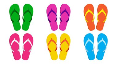 Yaz parmak arası terlik ikonu, plaj terliği, kumlu sandalet, renkli havuz ayakkabısı seti, beyaz arka planda izole edilmiş karikatür lastik ayakkabılar. Çizgi roman vektörü illüstrasyonu