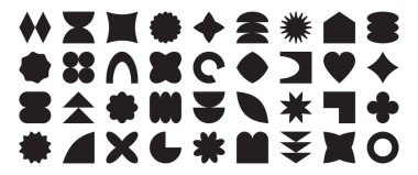 Y2k şekil ögesi, soyut retro figür, modern funky sticker, geometri basit formu, modaya uygun fütürist vektör simgesi, beyaz arkaplanda siyah siluetler. Basit klasik illüstrasyon