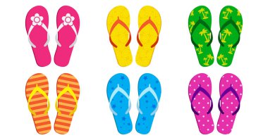 Yaz plajı terliği, parmak arası terlik vektör ikonu, kum sandaleti, havuz ayakkabısı seti, beyaz arka planda izole edilmiş karikatür lastik ayakkabılar. Renkli çizgi roman illüstrasyonu